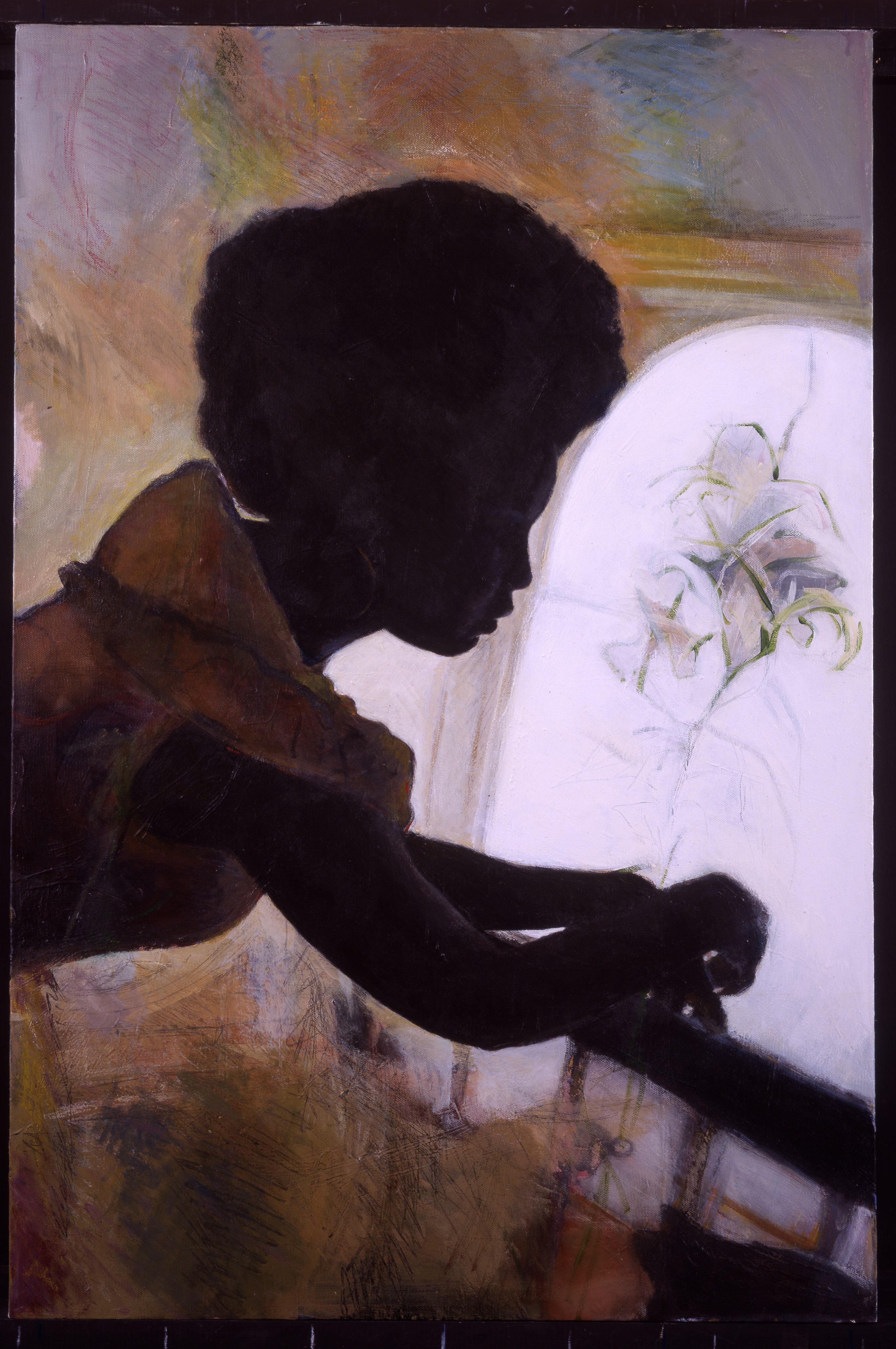 Silhouette painting of a young afro-caribbean woman in victorian dress. She is leaning over the banister and there is a hint of a stained glass window in the background. Pencil and acrylic paint by Amy Alderson.