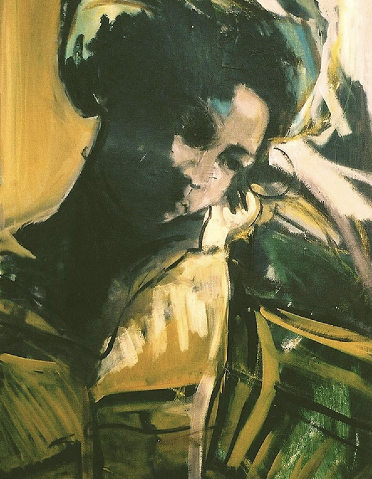 Painting of Sarah Niles, free form style acrylic paint in light and dark tones using green and yellow.